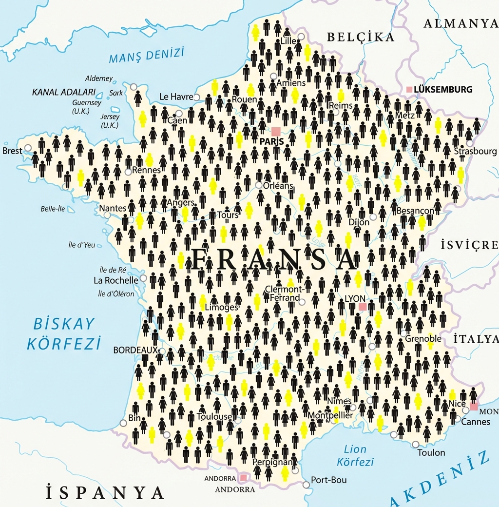 Bazıları vurgulanmış insan simgeleri olan bir Fransa haritası.