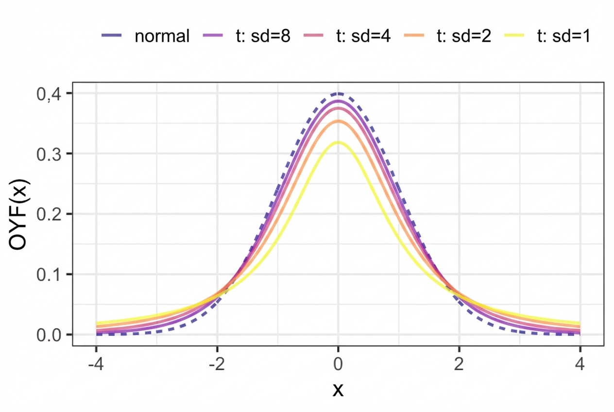 Standart normal dağılımın PDF’si ile çeşitli serbestlik derecelerine sahip t-dağılımlarının karşılaştırıldığı grafik. Serbestlik derecesi arttıkça kuyruklar daralır ve tepe yükselir; normal dağılıma daha çok benzer.