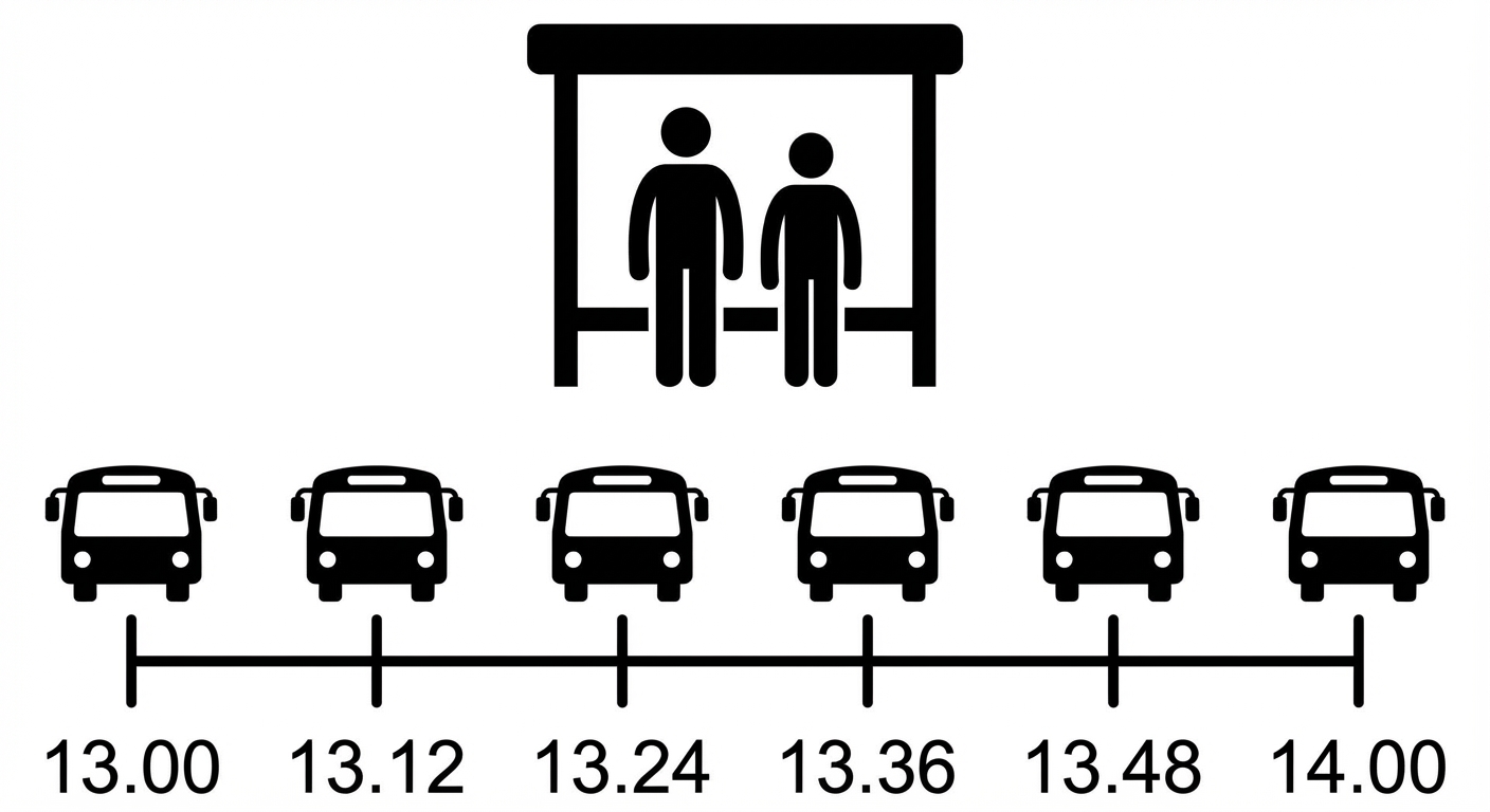 1-2 pm zaman çizelgesi; 6 otobüs varışı, her 12 dakikada bir