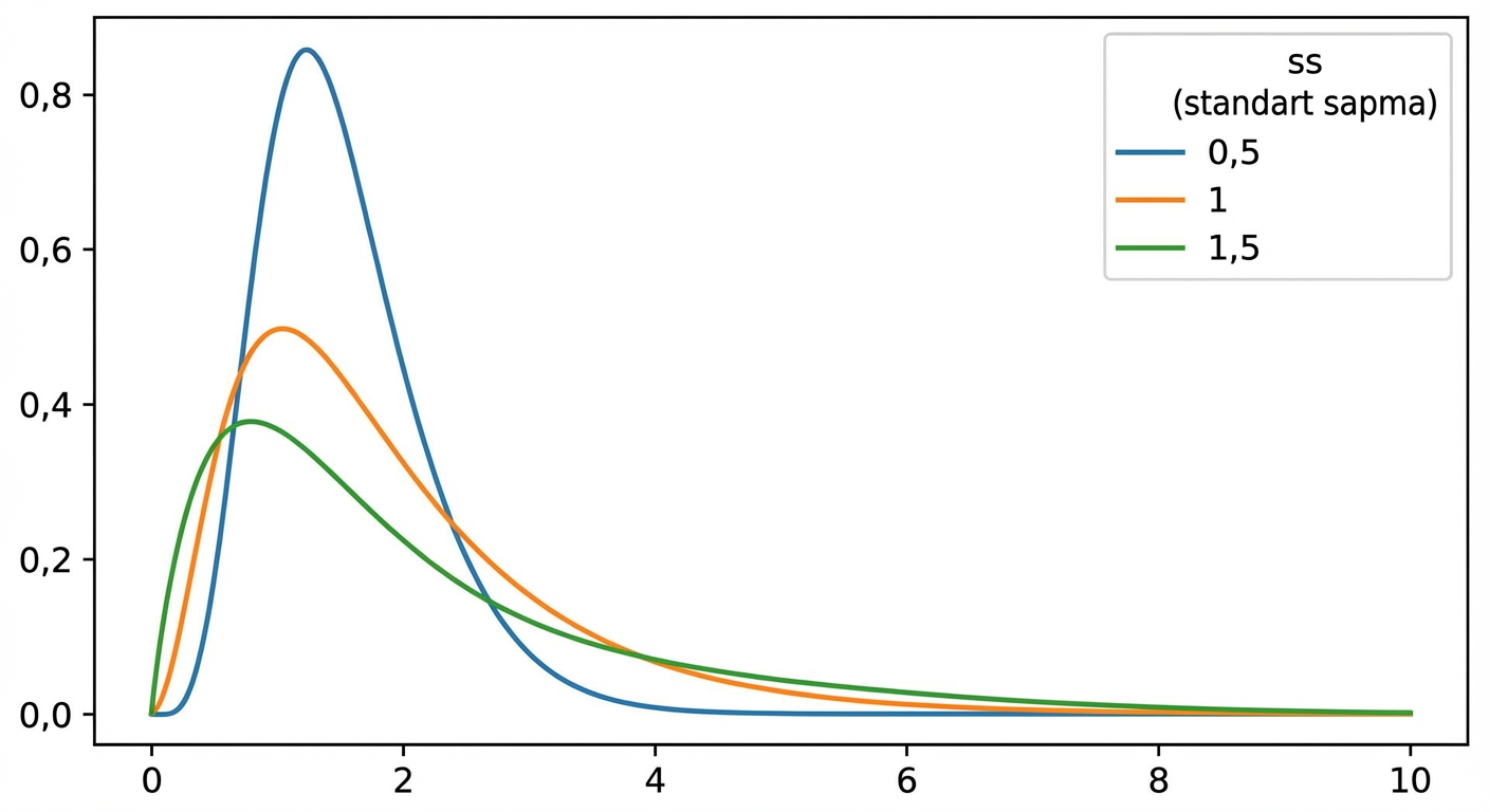 sd = 0.5, sd = 1 ve sd = 1.5 için 3 log-normal dağılım