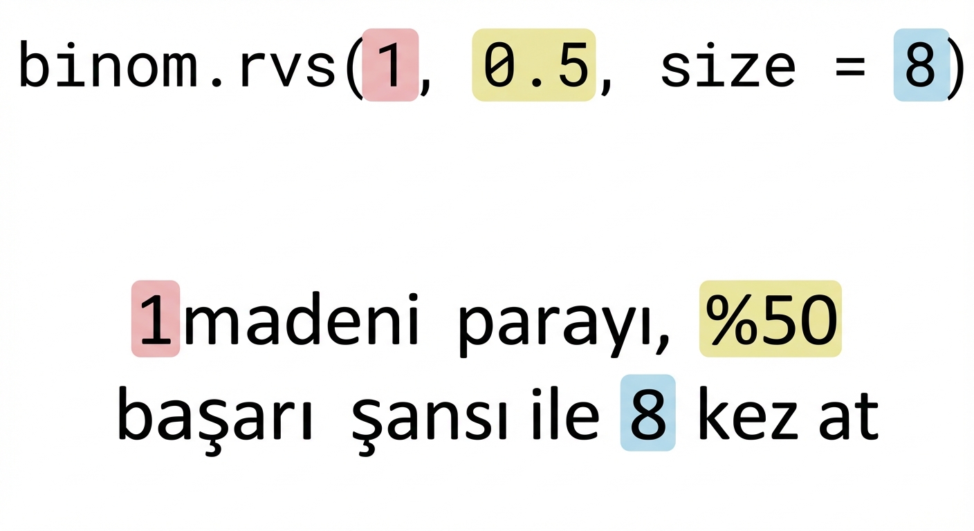 1 kırmızı, 0.5 sarı, 8 mavi olacak şekilde binom.rvs(1, 0.5, 8). Metin: 1 (kırmızı) madeni parayı %50 (sarı) başarı olasılığıyla 8 (mavi) kez atın