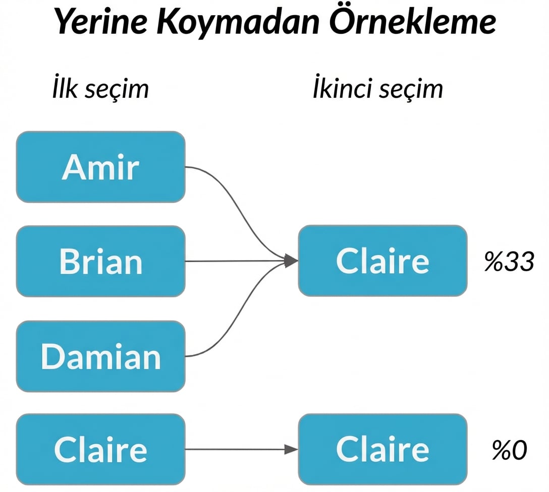İlk sütunda Amir, Brian ve Damian'dan ikinci sütunda Claire'e oklar, olasılık 33%