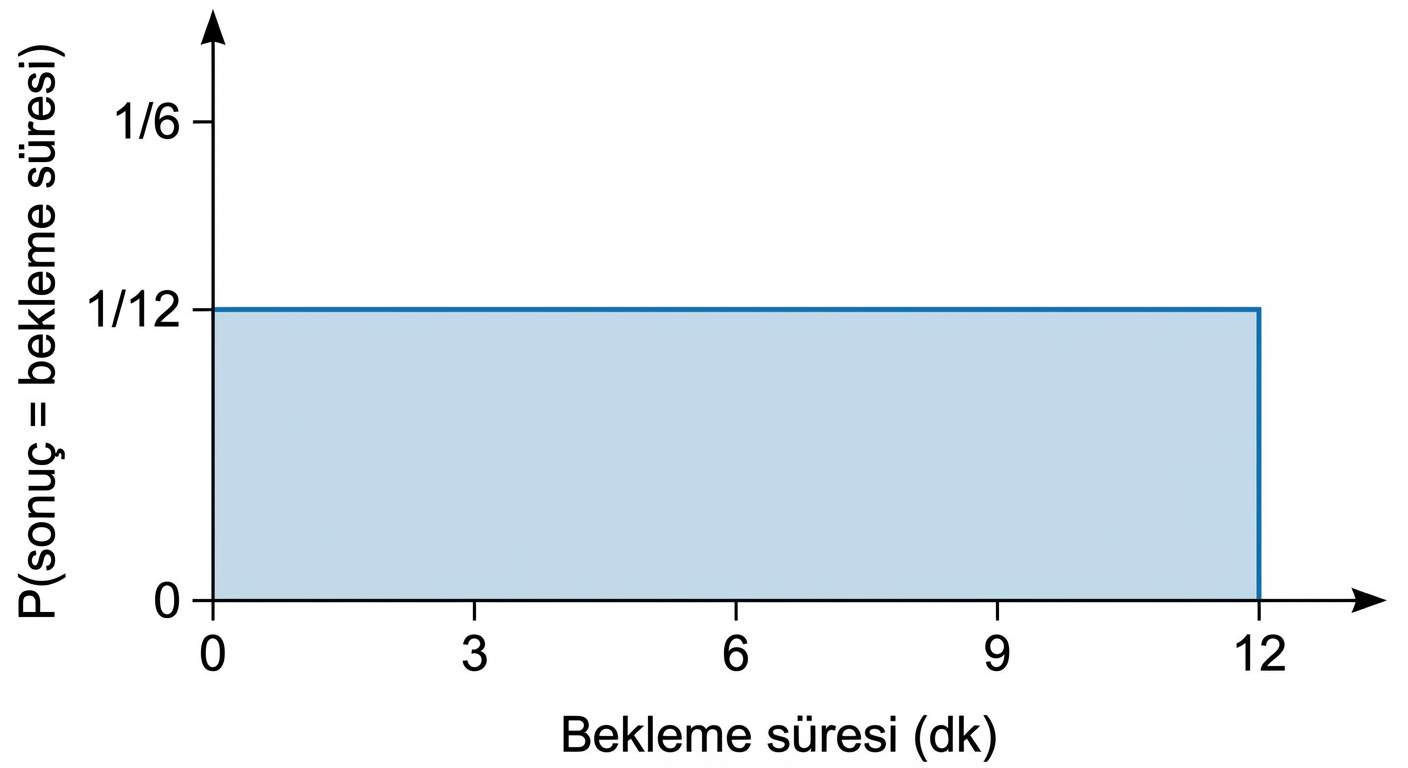 Y ekseni P(sonuç = bekleme süresi) olur; grafikte 1/12 seviyesinde yatay çizgi