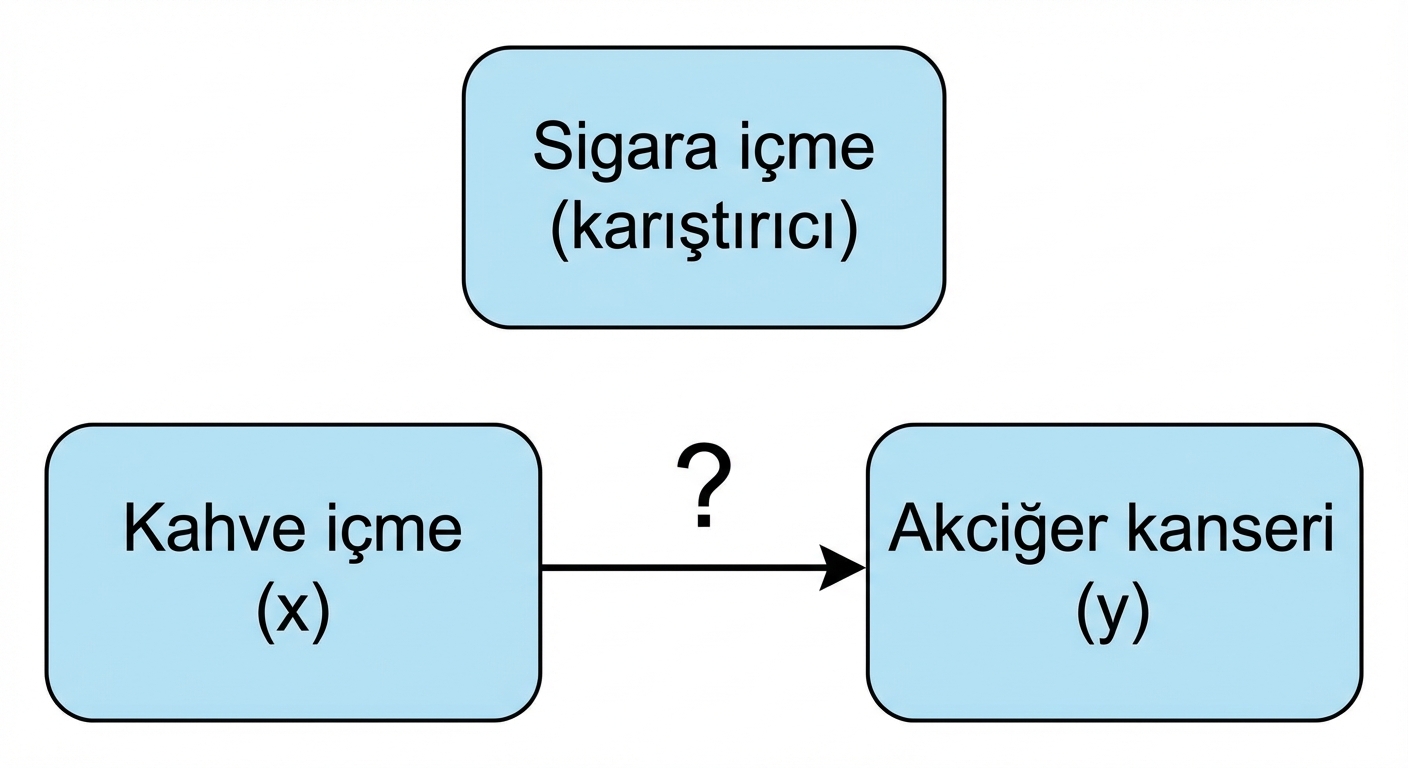 Kahve içmek (x) akciğer kanserine (y) işaret ediyor; sigara (karıştırıcı) yukarıda