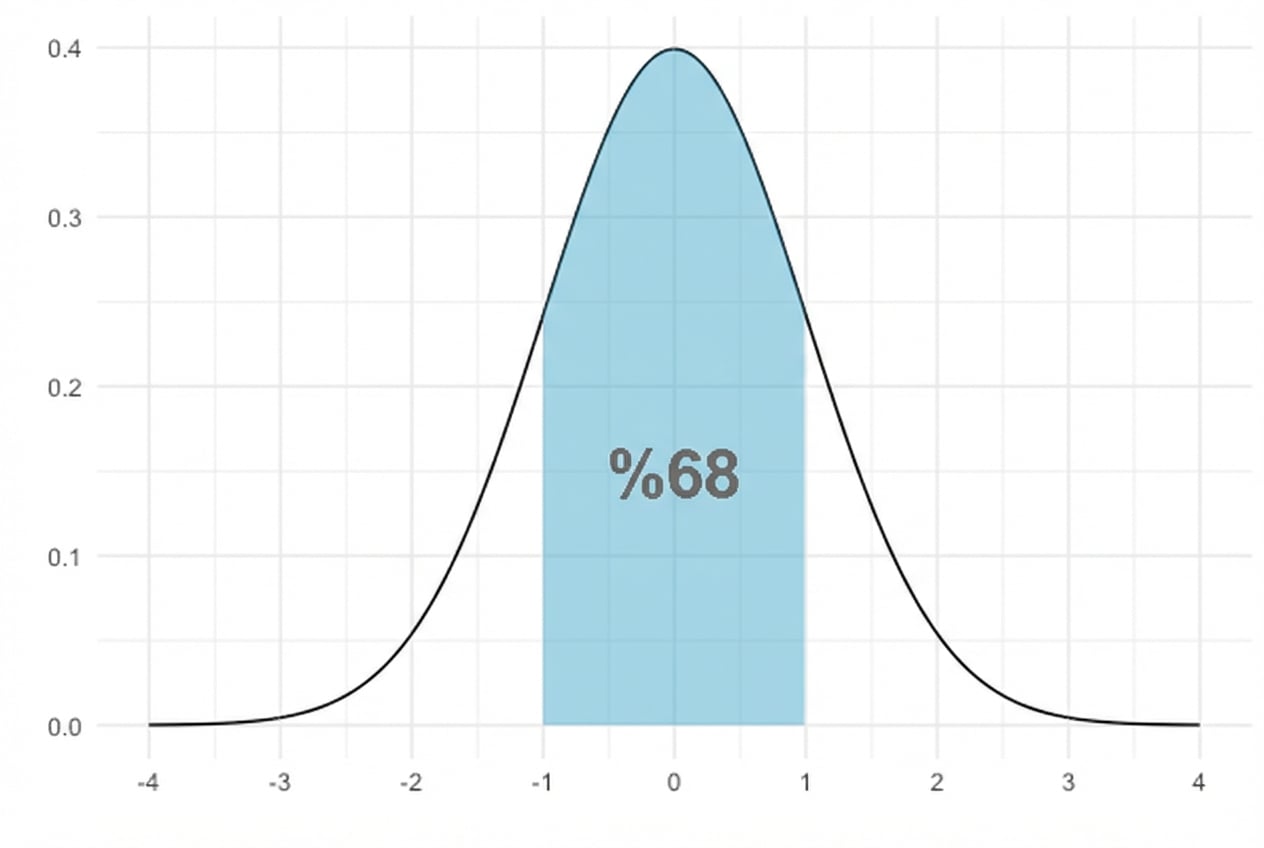 −1 ile 1 arası alan vurgulu, %68 yazılı normal dağılım
