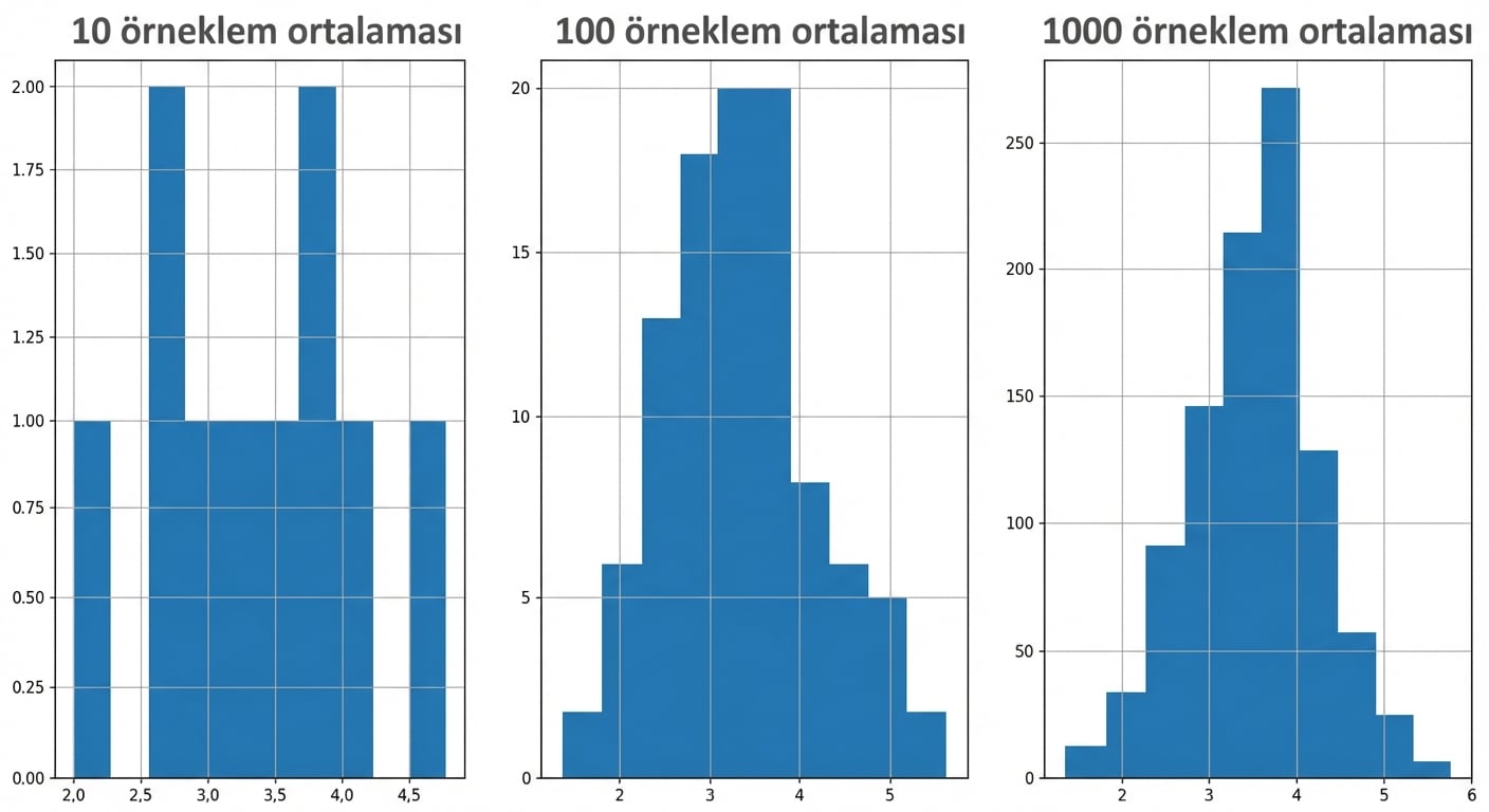 10, 100 ve 1000 örnek ortalamasının histogramları; daha yüksek sayı çan eğrisine daha çok benzer