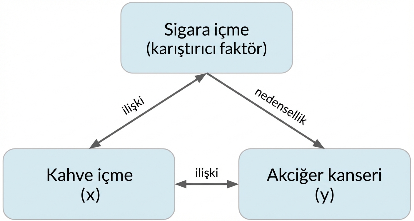 Kahve içmek (x) ile akciğer kanseri (y) arasında "ilişki" etiketli çift ok. Sigara ile kahve arasında "ilişki"; sigaradan akciğer kanserine "nedensellik" oku.