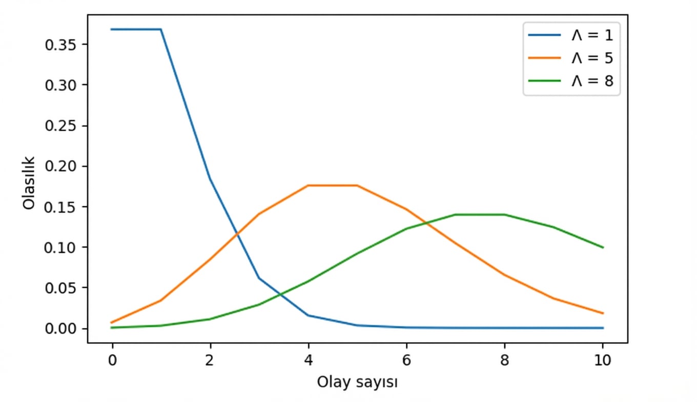 3 Poisson dağılımı: lambda = 1, lambda = 5 ve lambda = 8