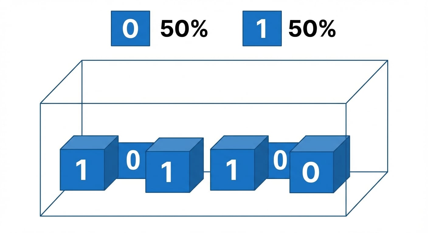 3 sıfır ve 3 bir içeren bilet kutusu. %50 olasılıkla 0, %50 olasılıkla 1