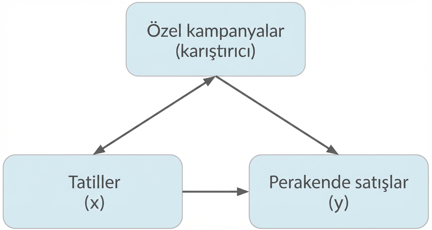 Tatiller (x) perakende satışları (y) etkiliyor. Özel kampanyalar (karıştırıcı) ile tatiller arasında çift ok, perakende satışlara tek ok.