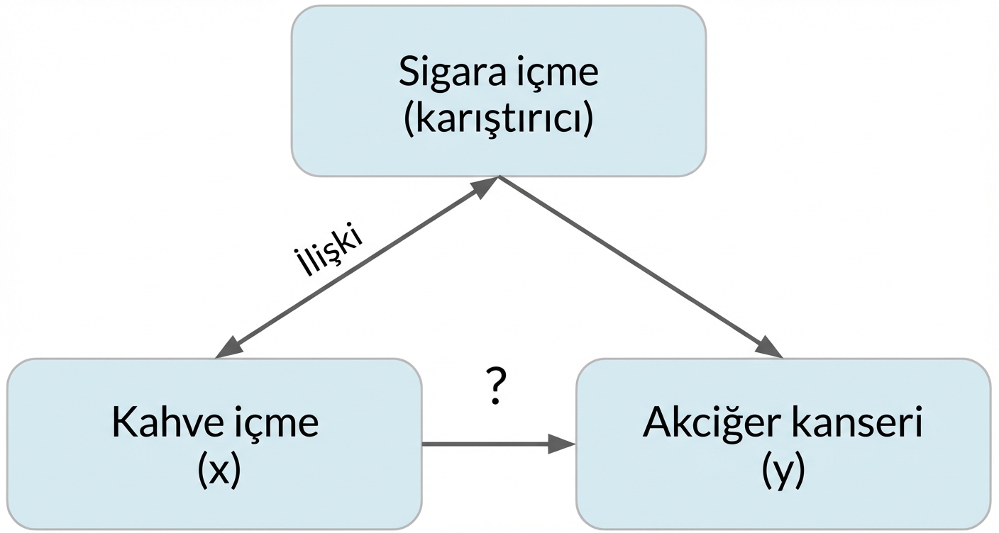 Kahve içmek (x) akciğer kanserine (y) işaret ediyor; sigara (karıştırıcı). Sigara ile kahve arasında "ilişki" etiketli çift ok.