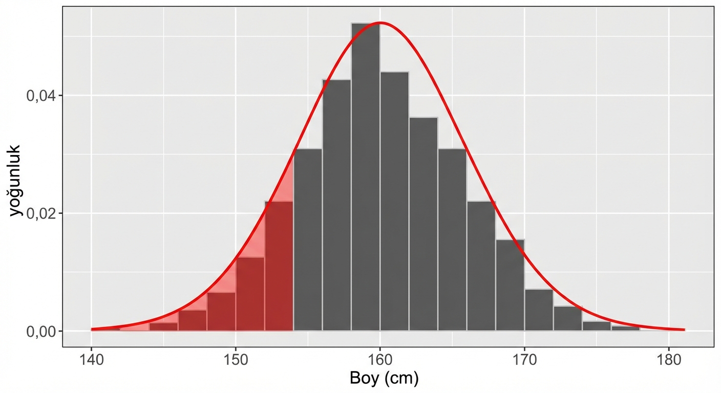 Kadın boyları histogramı üzerinde 154’ten küçük alan taralı normal eğri