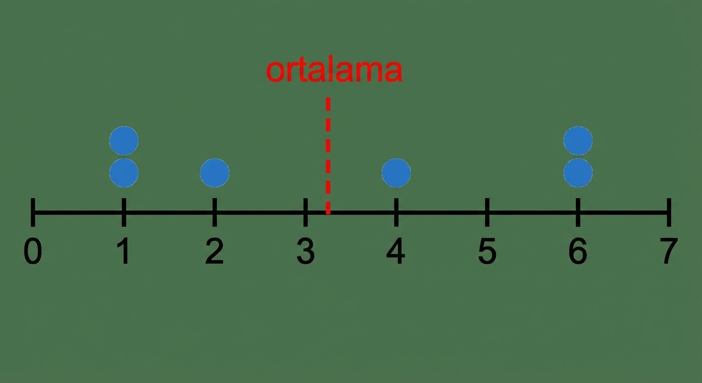 Ortada ortalamayı gösteren kırmızı çizgiyle 7 veri noktası nokta grafiği.