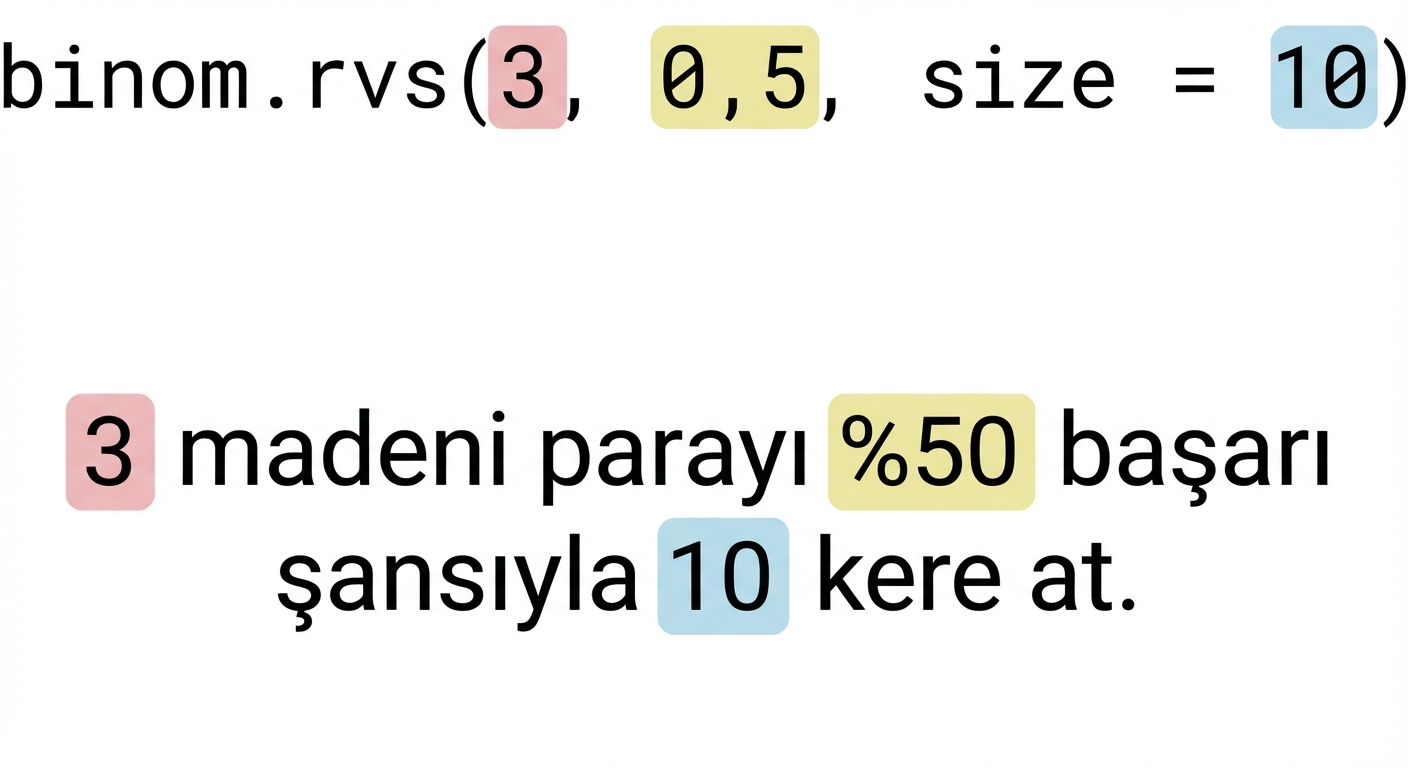 3 kırmızı, 0.5 sarı, 10 mavi olacak şekilde binom.rvs(3, 0.5, size=10). Metin: 3 (kırmızı) madeni parayı %50 (sarı) başarı olasılığıyla 10 (mavi) kez atın