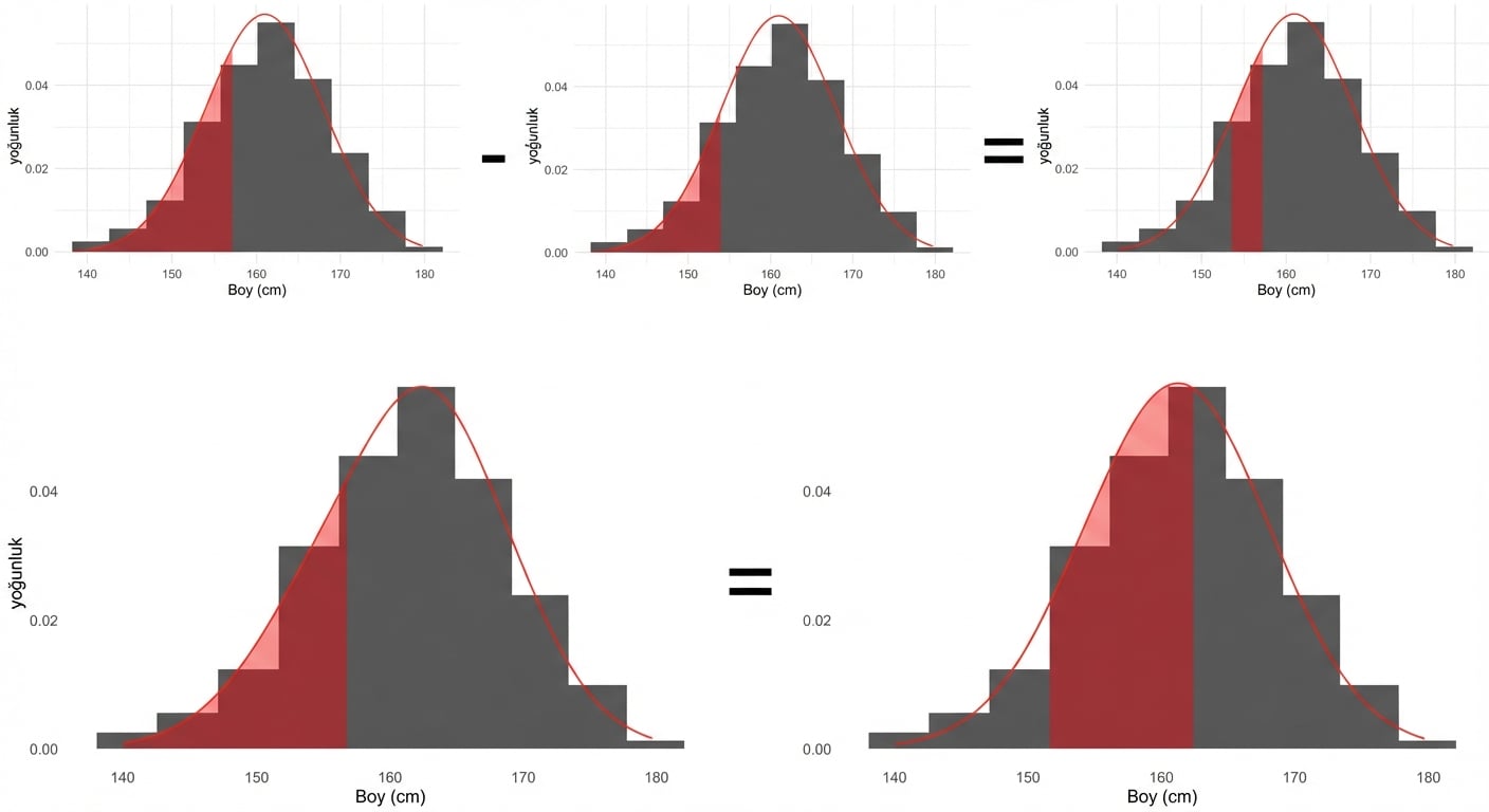 157’den küçük alan eksi 154’ten küçük alan = 154 ile 157 arası alan