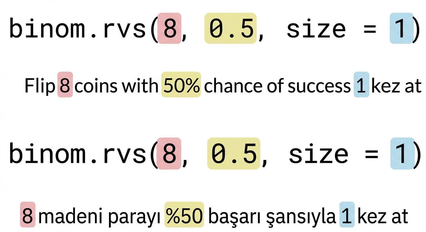 8 kırmızı, 0.5 sarı, 1 mavi olacak şekilde binom.rvs(8, 0.5, size=1). Metin: 8 (kırmızı) madeni parayı %50 (sarı) başarı olasılığıyla 1 (mavi) kez atın