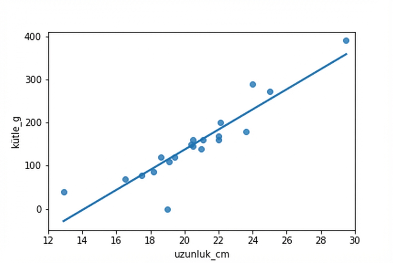 Eğilim çizgili, hamamböceği kütlelerinin uzunluklara karşı saçılım grafiği. Noktaların çoğu eğilimi yakından izler.