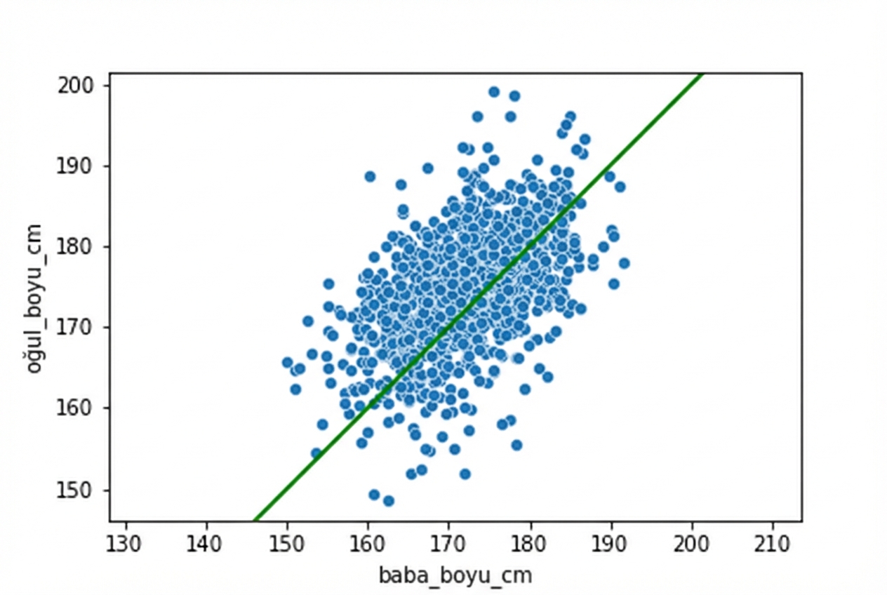 Babaların boylarına karşı oğulların boylarının saçılım grafiği; baba ile oğulun aynı boyda olacağı bir çizgi var. Babalar uzadıkça oğullar da uzar.