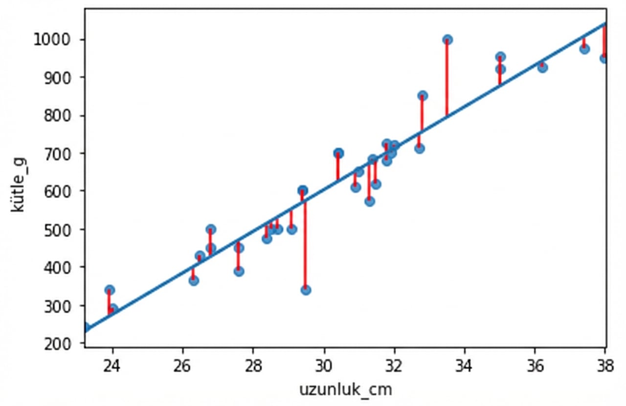 Daha önce görülen, levrek balığı kütle-uzunluk saçılım grafiğinin artık değerleri