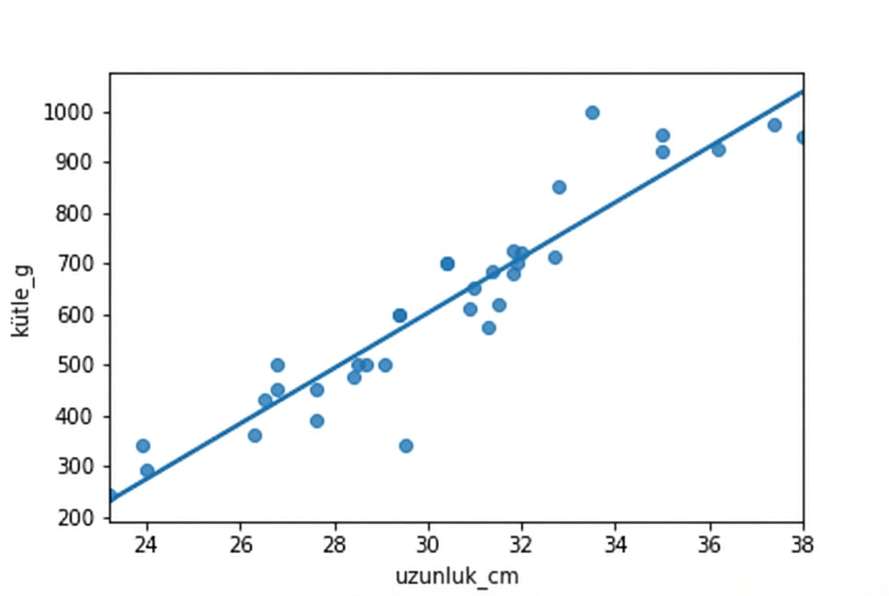 Daha önce gösterilen, çipura kütlesi ile uzunluğu saçılım grafiği ve trend çizgisi.