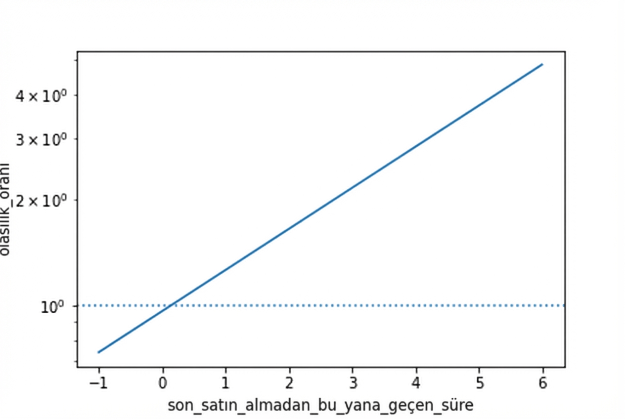 Son satın almadan beri geçen süreye göre oran çizgi grafiği; oran=1 için yatay çizgi var. Y ekseni logaritmik, bu da oran eğrisini doğrusal hale getirir.