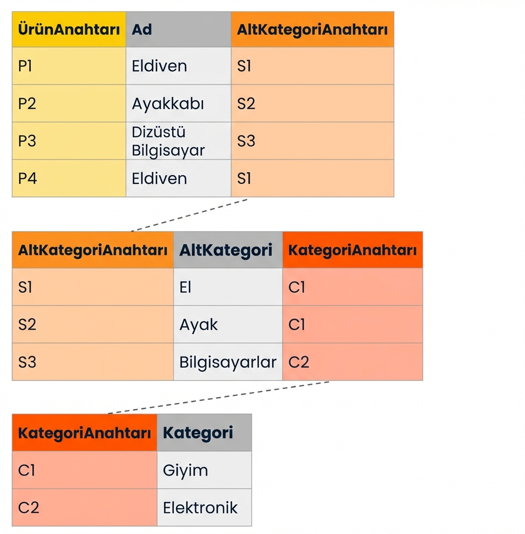 Kar tanesi şemasında ürün hiyerarşisi örnek tabloları