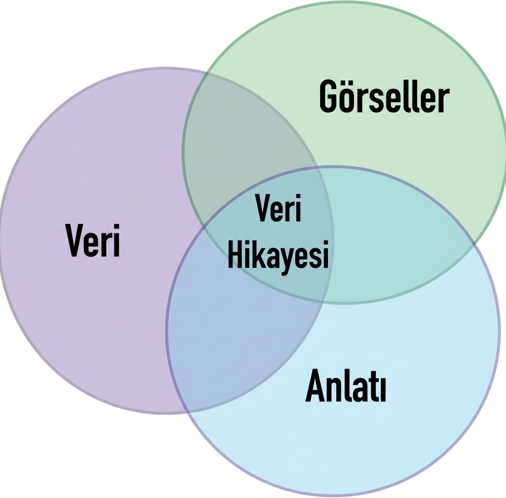 veri, anlatı ve görseller kelimeleri olan venn diyagramı