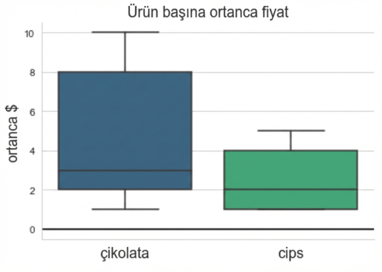 iki ürün için medyan fiyatı gösteren kutu grafiği