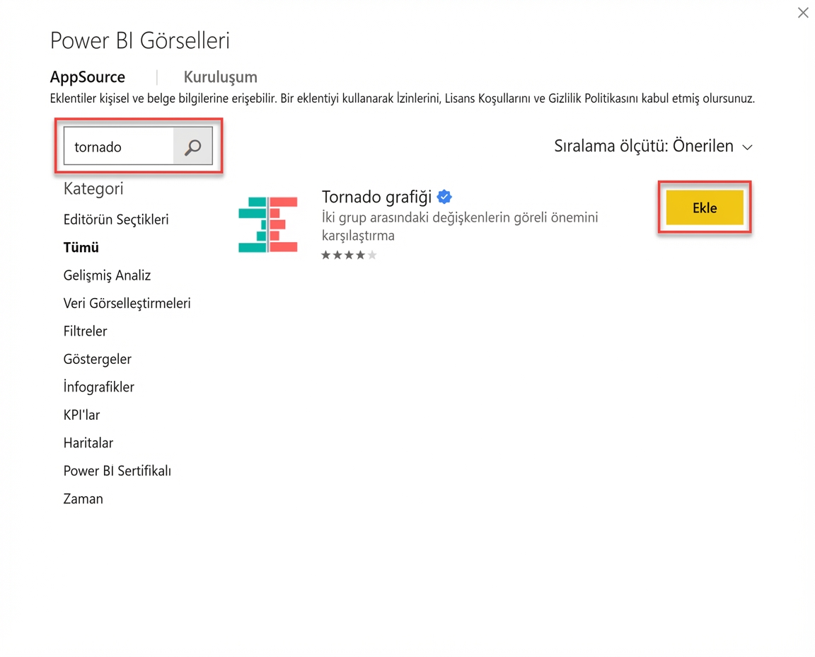 Microsoft AppSource üzerinden Power BI'a tornado grafiği ekleme