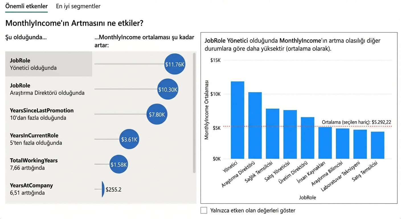 Power BI Temel Etkileyiciler görselleştirme örneği: iş role göre ortalama aylık geliri gösteren bir çubuk grafik. Solda temel etkileyicilerin listesi var.