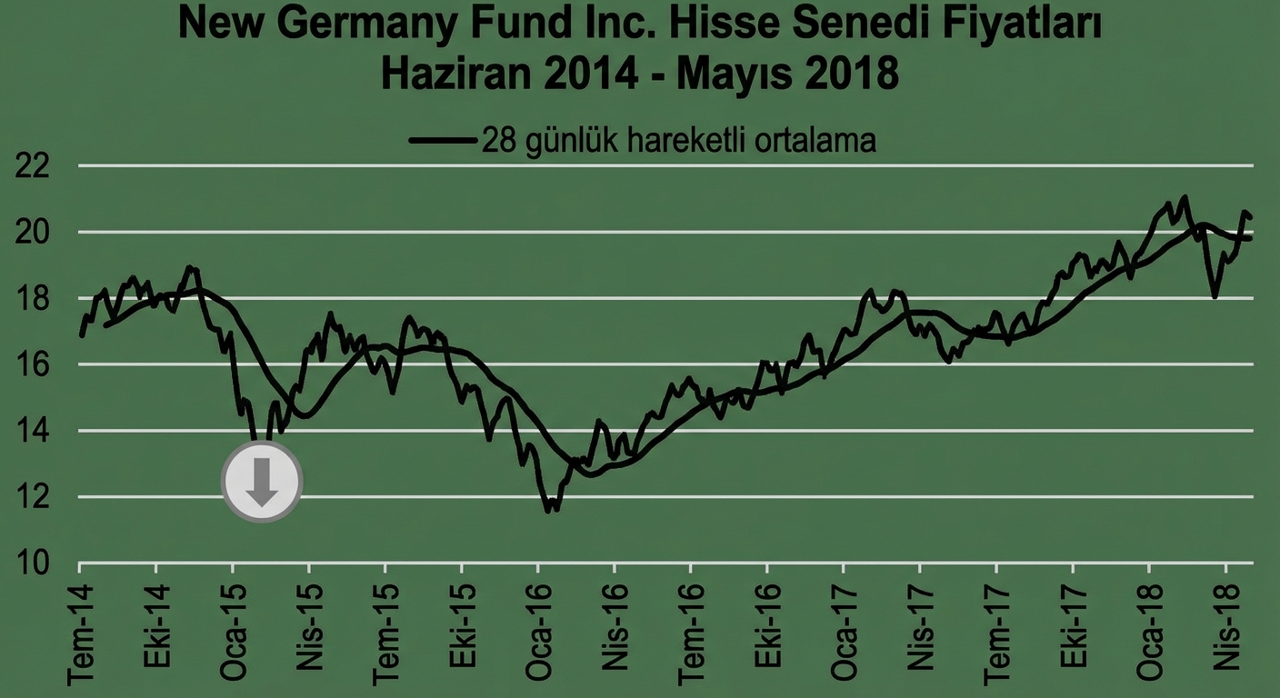 Ocak 2018–Mayıs 2018 arası New Germany Fund hisse fiyatlarını gösteren çizgi grafiği. 28 günlük hareketli ortalama eğilimini gösteren koyu mavi bir çizgi vardır. Olası bir anomali koyu gri bir daire ile vurgulanmıştır.