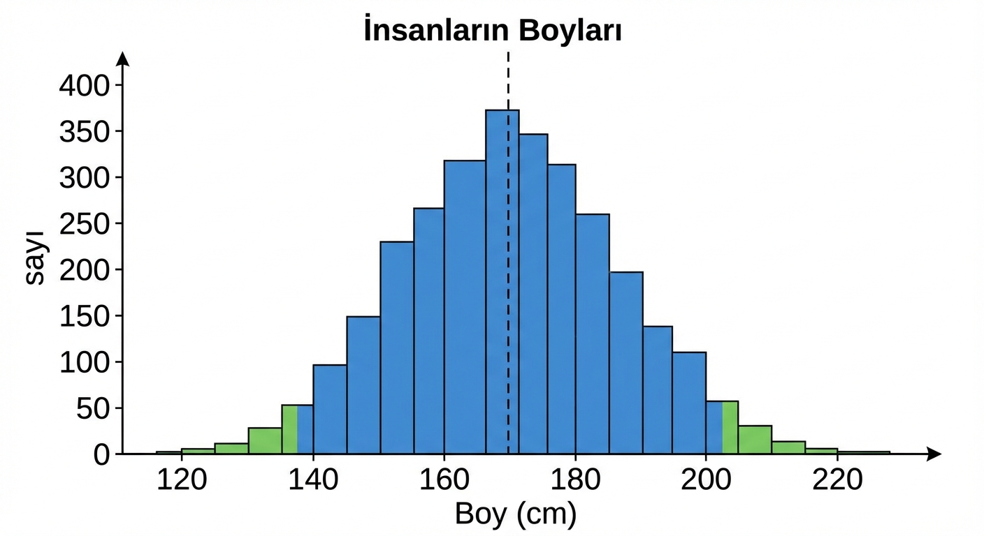 X ekseninde boy değerleri, Y ekseninde gözlem sayıları olan bir boy histogramı. Her iki uçta olası aykırı değerleri vurgulayan yeşil alanlar vardır.