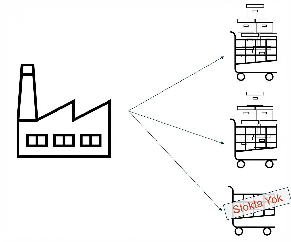 Üç siparişi olan bir fabrika; bunlardan biri boş, yani ürünler beklemede.