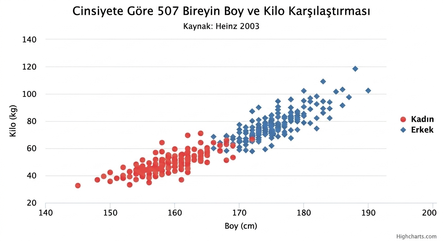 Boy ile kilo arasındaki saçılım grafiği; cinsiyete göre (erkek ve kadın) renklendirilmiş. Boy ve kilonun daha düşük değerlerinde yer alan veri noktaları ağırlıklı olarak kırmızı, yani kadınlar. Boy ve kilonun daha yüksek değerleri mavi, yani erkekler.