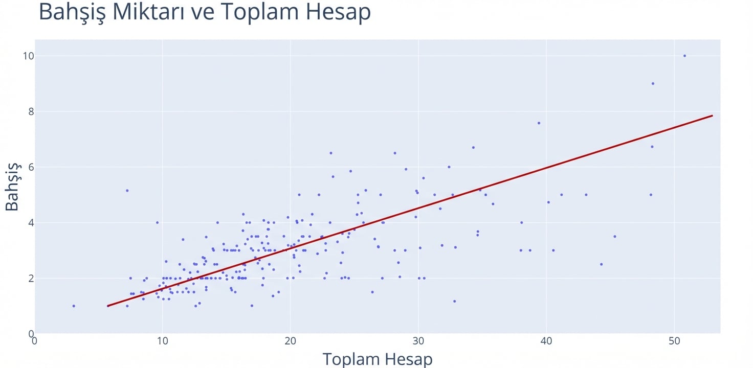 X ekseninde "Total Bill", Y ekseninde "Tip" olan bir saçılım grafiği. Kırmızı bir çizgi, veri noktaları kümesi içinden geçerek genel artan eğilimi gösterir.