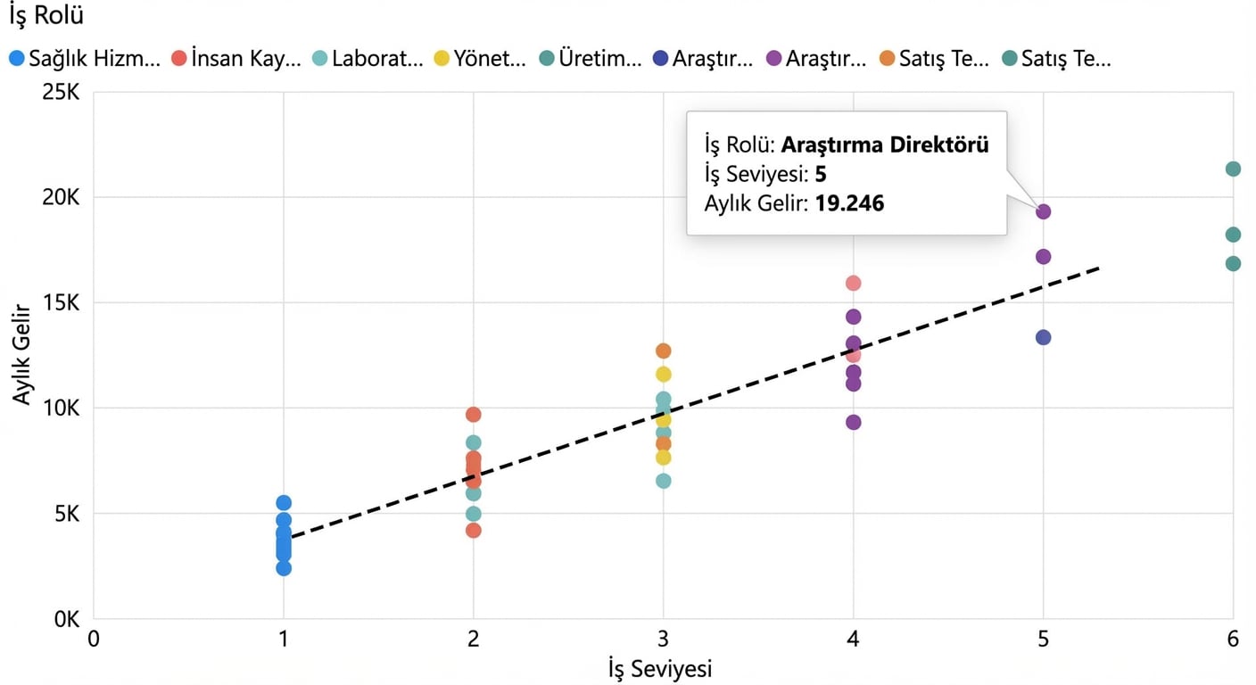 X-ekseninde iş seviyesi, y-ekseninde aylık gelir olan bir saçılım grafiği. Veri noktaları ilgili iş rollerine göre renklendirilmiş. Eğilim çizgisinde yukarı yönlü artış var.