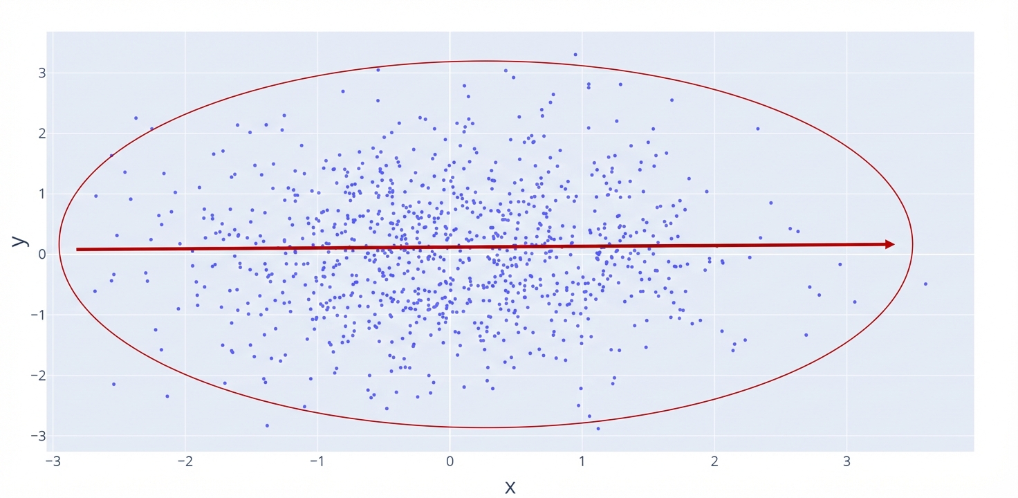 Düz, yani ilişki olmayan bir çizgiyi gösteren saçılım grafiği. Kırmızı daire, noktaların daha dağınık olduğunu ve ilişkinin zayıf olduğunu gösterir.