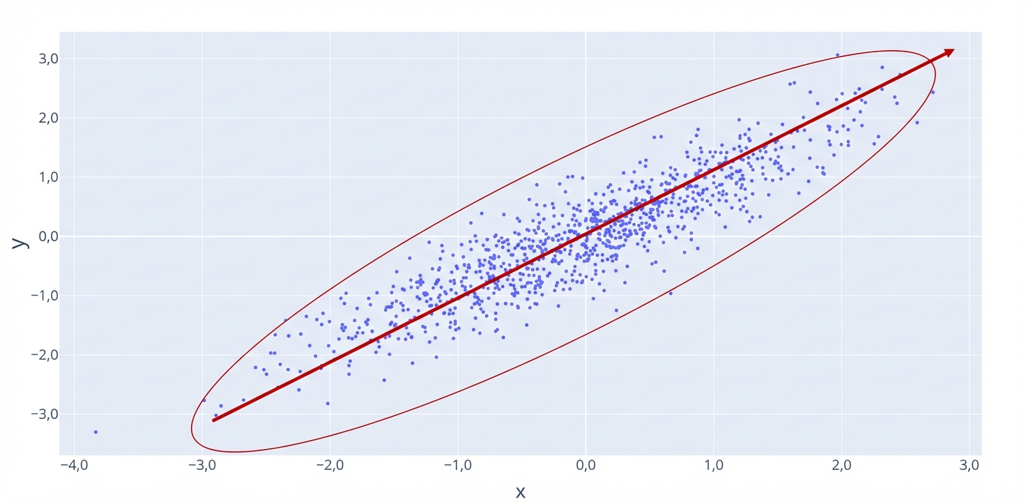 Pozitif, artan ilişkiyi gösteren kırmızı bir çizgili saçılım grafiği. Kırmızı daire, verilerin sıkı kümelendiğini vurgular.