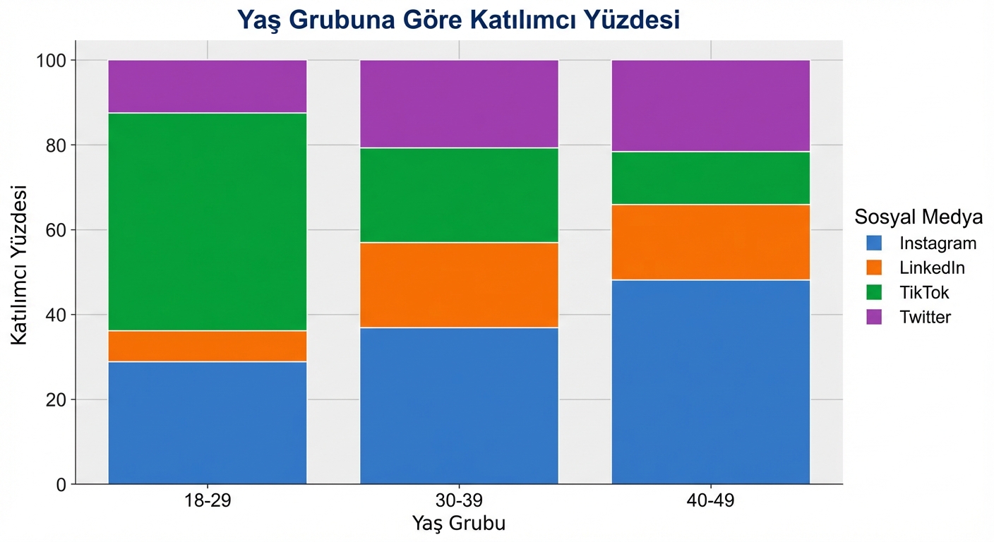 %100 yığılmış çubuk grafik. x ekseninde üç yaş grubu: “18-29”, “30-39”, “40-49”. y ekseninde katılımcı yüzdesi. Her çubuk, Instagram, LinkedIn, TikTok ve Twitter’daki grup yüzdelerine göre bölünmüş.