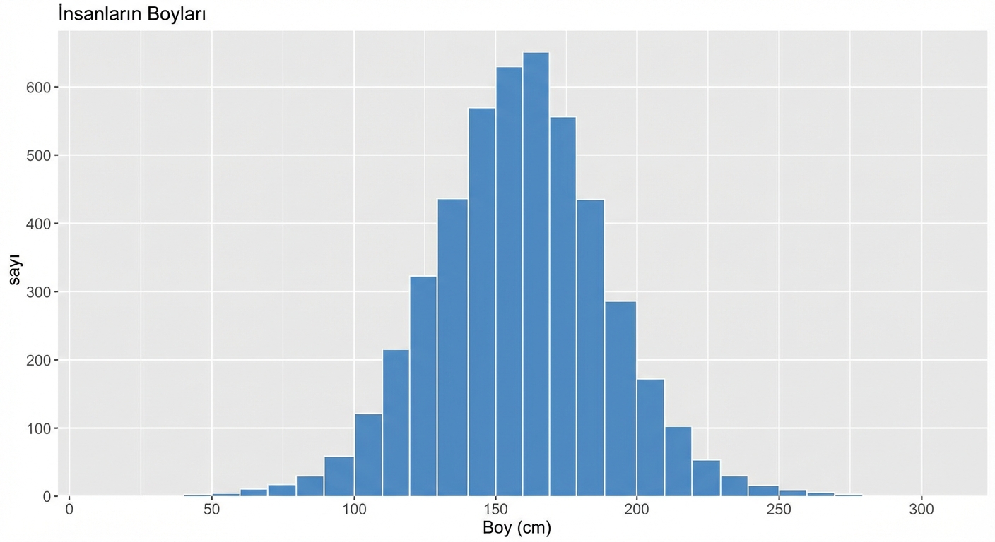 X ekseninde boy değerleri, Y ekseninde gözlem sayıları olan bir boy histogramı. Ortada büyük bir yığılma, uçlarda daha az gözlem vardır.