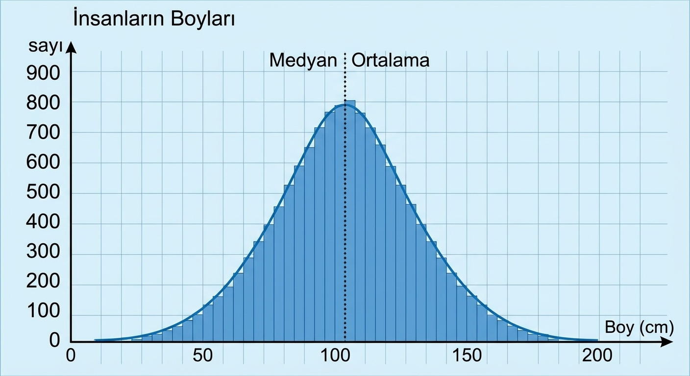 X ekseninde boy, Y ekseninde gözlem sayısı olan kişilerin boylarının histogramı.