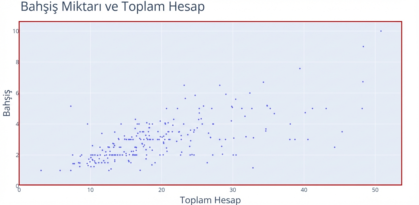 X ekseninde "Total Bill", Y ekseninde "Tip" olan bir saçılım grafiği. Grafik alanını ve noktaları vurgulayan kırmızı bir dikdörtgen vardır.