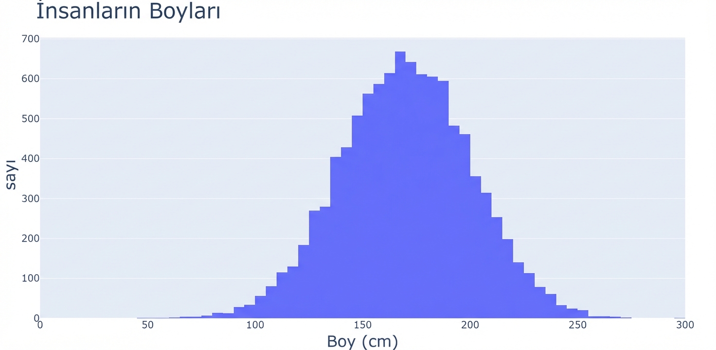 X ekseninde boy değerleri, Y ekseninde gözlem sayıları olan bir boy histogramı. Ortada büyük bir kütle ve her iki tarafta dar kuyruklar vardır.