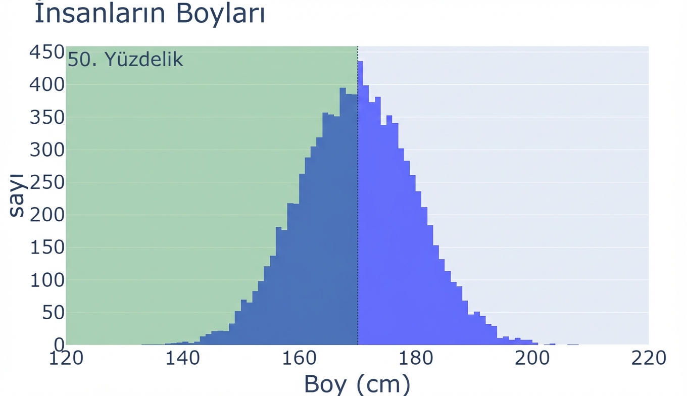 X ekseninde boy değerleri, Y ekseninde gözlem sayıları olan bir boy histogramı. Ortadan sol uca kadar olan yeşil alan 50. yüzdeliği gösterir.