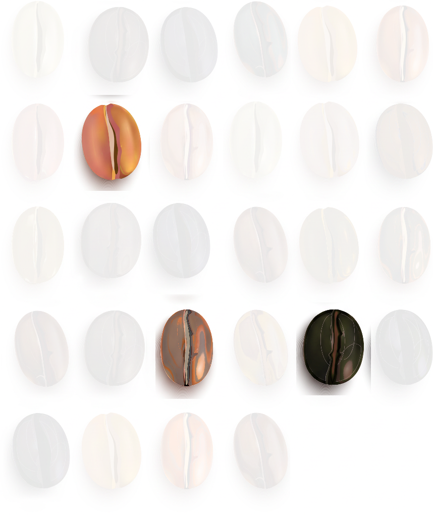 Sıra ve sütunlar halinde düzenlenmiş kahve çekirdekleri; yalnızca üçü renklendirilmiş, diğerleri gri.