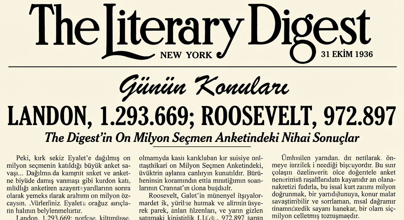1936'dan bir Literary Digest ön sayfası; başlıkta seçim tahminleri yer alıyor. Landon'un 1,3 milyon, Roosevelt'in ise 1 milyonun biraz altında oy alması bekleniyordu.