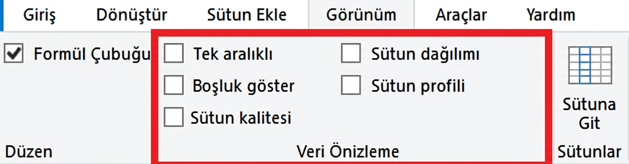 Görünüm şeridi seçiliyken veri önizleme özelliklerini vurgulayan Power Query ekran görüntüsü