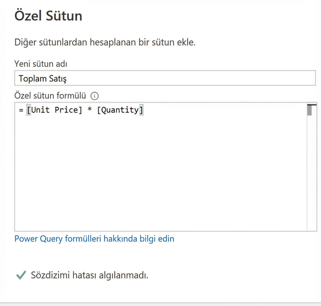 Power Query’de özel sütun penceresinin ekran görüntüsü; toplam satışları hesaplamak için çarpma işleci kullanılan bir örnek gösteriliyor