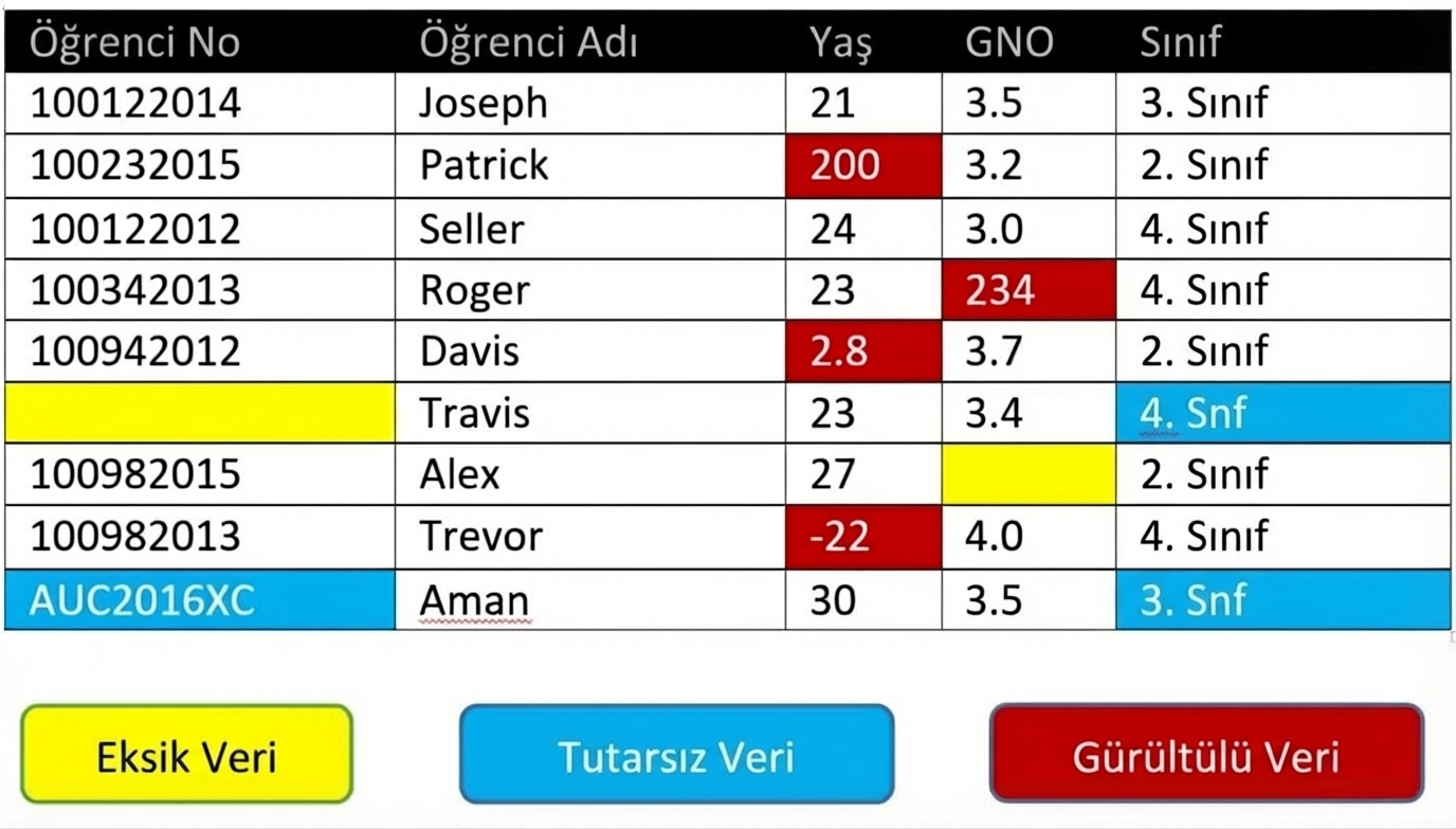 Kirli veriye bazı örnekleri gösteren bir tablo.
