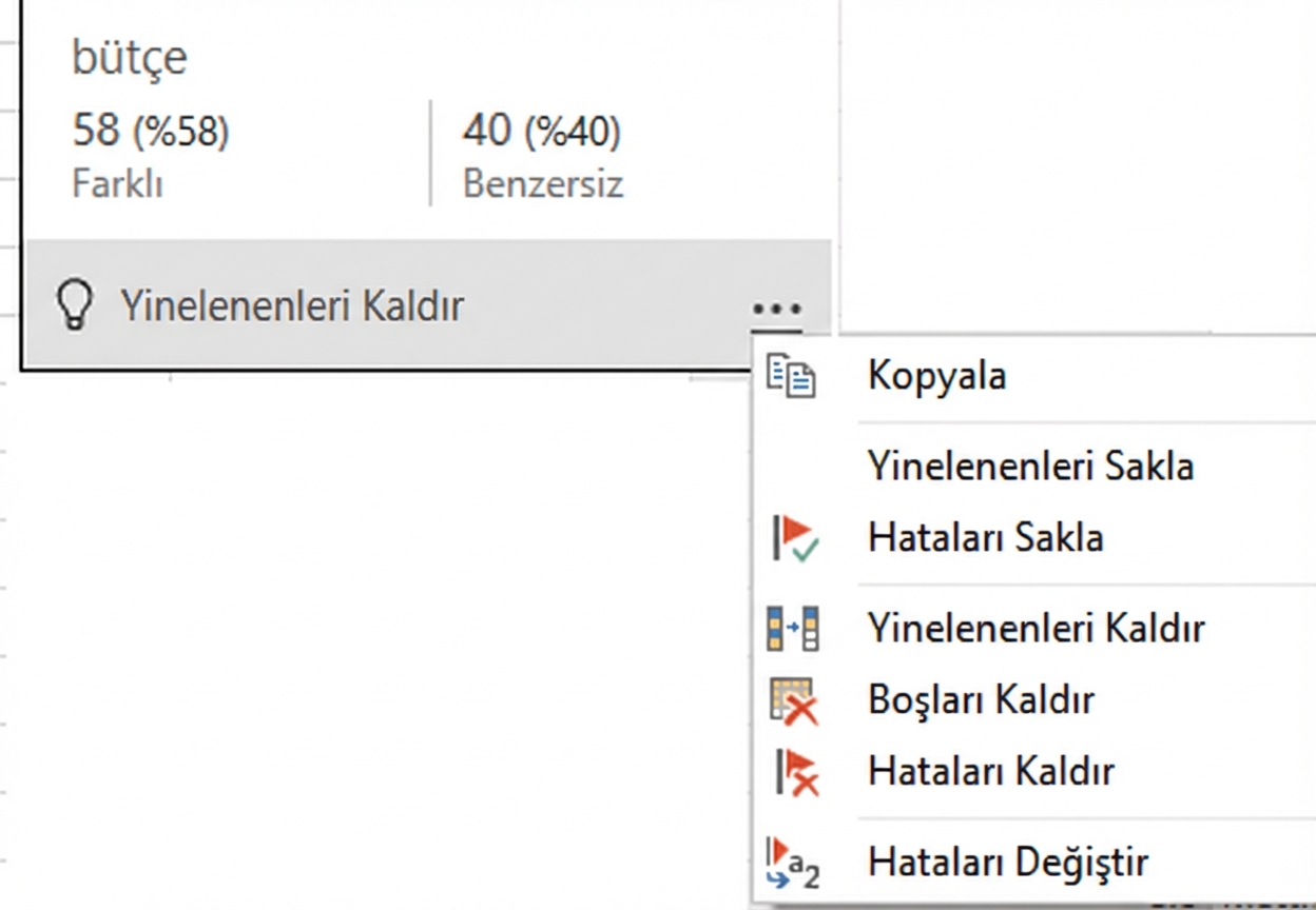 Sütun kalitesi özelliği üzerine gelindiğinde görünen bağlamsal menünün ekran görüntüsü
